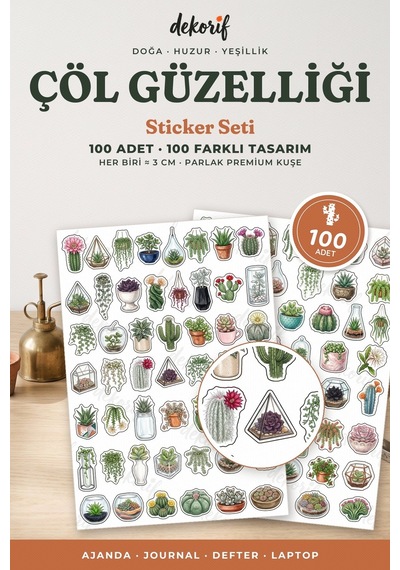 Kaktüs Ve Sukulent Sticker Seti 100 Adet - Saksı Bitki Çöl Çiçeği Botanik Ajanda Journal Çıkartma Çok Renkli