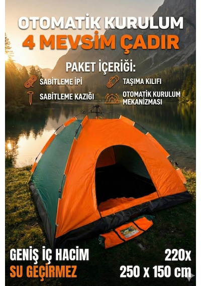 Özel Üretim Su Geçirmez Dayanıklı Pratik Otomatik Kurulumlu Kamp Çadırı 6 Kişilik 220x250x150cm Çok Renkli
