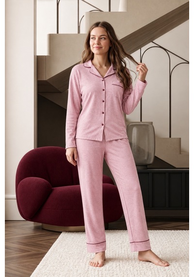 Nisanca Bayan Kışlık Welsoft Peluş İnci Düğmeli Pijama Takımı 'ipeksi Doku' Pembe