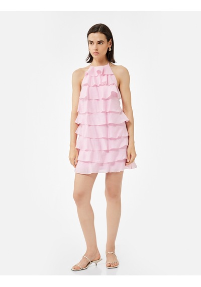 Koton Kat Kat İnce Askılı Halter Yaka Fırfırlı Mini Elbise Pembe 5sak80285uw Gül