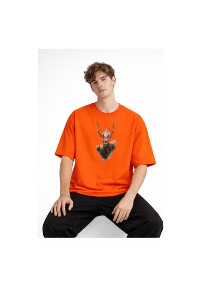 Misa Tahtakale Deer - Oversize Erkek Tişört Turuncu Çok Renkli