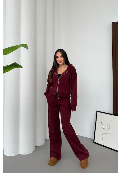 Mezka Kadın Çift Fermuar Detaylı Kapüşonlu Kışlık Şardonlu Oversize Eşofman Takımı Bordo