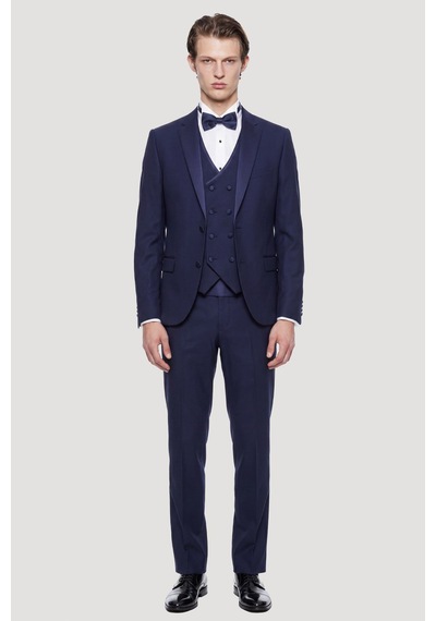 Ac&Co / Altınyıldız Classics Erkek Lacivert Slim Fit Dar Kesim Mono Yaka Desenli Yelekli Smokin Takım Lacivert