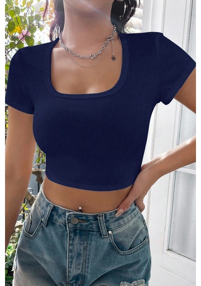 Angbutik Kadın Lacivert Yarım Kol Düz Yaka Crop Top Bluz