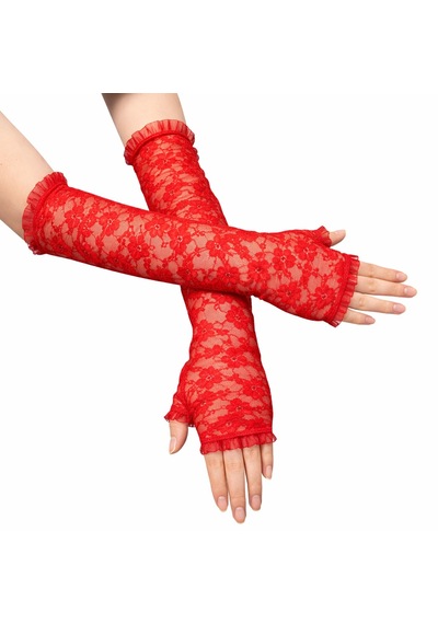 Savarga Uzun Zarif Dantel Eldiven Parmaksız Kırmızı 35 Cm 4801