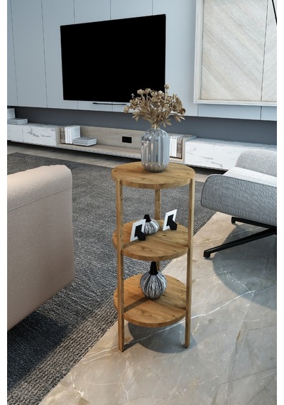 Atlantik Çam 3 Raflı Yuvarlak Tasarım Yan Sehpa - Modern Sunum Standı Ahşap