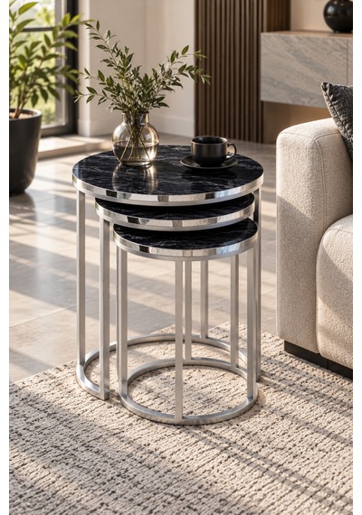 Sulorahome Siyah Mermer Desenli Gümüş Metal Ayaklı 3'lü Zigon Sehpa Takımı