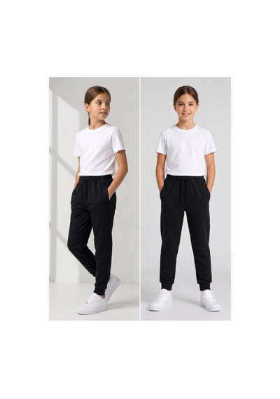 Erdem Kıds Unisex Kız Erkek Çocuk Beli Paçası Lastikli Fermuar Cepli Okul İki İplik Eşofman Altı Pantolon Siyah Siyah