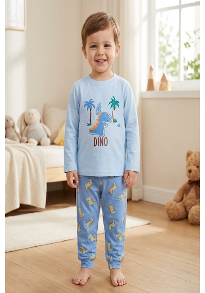 Aden Kids Pamuk Çocuk Uzun Kollu İnce Pijama Takımı  Mavi - Yeşil