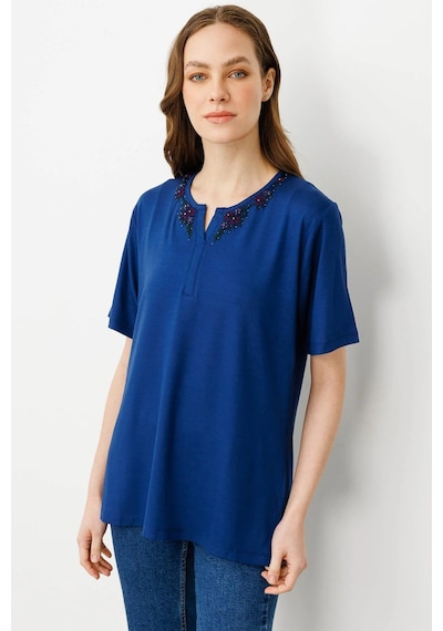 Desen Triko Kadın Açma Yaka Dantel Çiçek İşlemeli Penye T-shirt 24751 Indigo Indigo