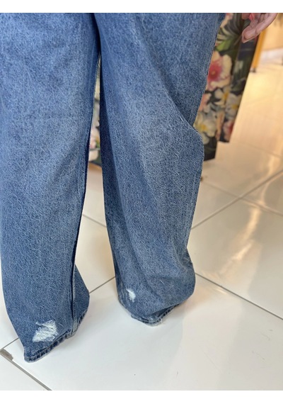 Quzu Paçası Yırtık Denim Pantolon Mavi Mavi