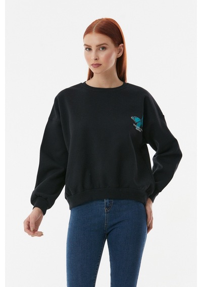 Fullamoda Kelebek Baskılı Oversize Sweatshirt- Siyah 24KGB890189618-Siyah