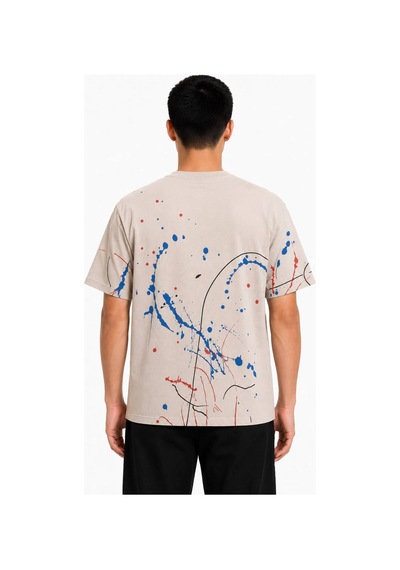 Erkek Baskılı Sıfır Yaka Regular Fit %100 Pamuk Unisex Tişört Açık Gri
