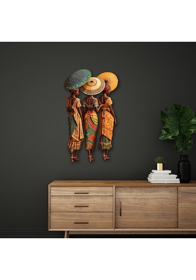 Renkli Şemsiyeli Üç Kadın - Metal Tablo - Dec0283 56 X 95 Cm Çok Renkli