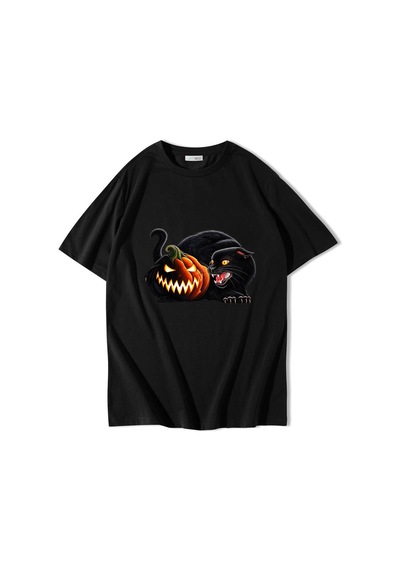 Brz Collectıon Brz Collection Unisex Oversize Halloween Pumpkin Black Cat T-shirt Siyah