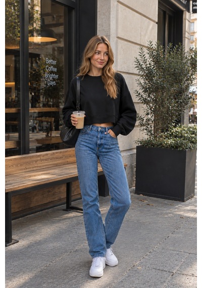 Luxıc Core Kadın Crop Bisiklet Yaka Sweatshirt Pamuklu Yumuşak Dokulu Günlük Spor Sweatshirt Siyah