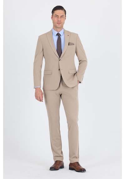 İmza Koyu Bej Kırlangıç Yaka Kelebek Astar 6 Drop Slim Fit Beli Lastikli Takım Elbise 1001250176 Koyu Bej