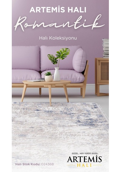 Artemis Halı Romantik 02436b Gri Mavi Modern Saçaklı Halı