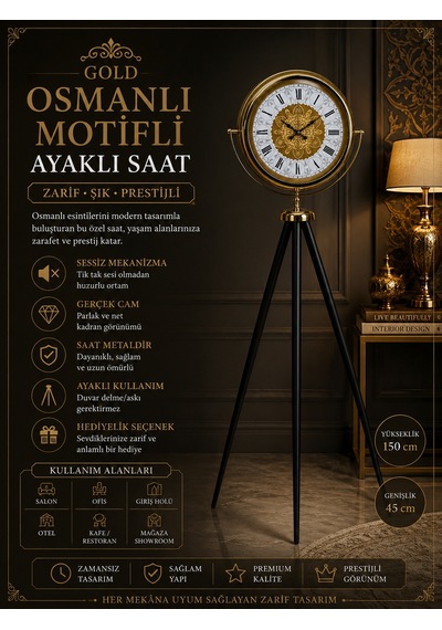 Gold Asalet Tripod Ayaklı Saat Osmanlı Motifli