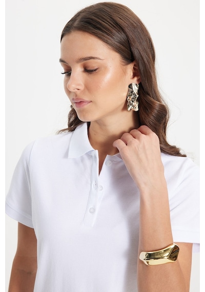 Tudors Kadın Slim Fit Dar Kesim %100 Pamuk Polo Yaka Beyaz Pike Tişört -50833