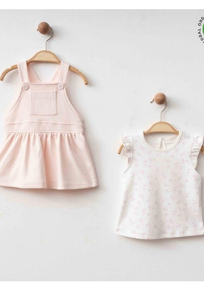 Zekids Kız Bebek Organik Pamuklu T-shirt İkili Elbise Takım-15907 Pembe