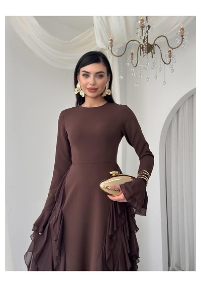 Nils Butik Fırfır Detaylı Abiye Elbise Kahverengi