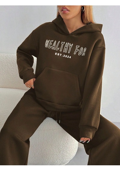 Macklin Unisex Kadın Erkek Healty For Baskılı Oversize 3 İplik Kapüşonlu Sweatshirt Ve Baggy Eşofman Altı Kahverengi