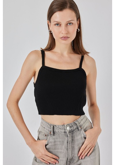 Hiccup Bdart Kare Yaka Ribana Örgü Crop Top Siyah