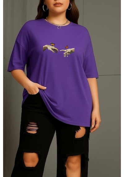 Büyük Beden Özgürlük Baskılı Unisex Tişört Mor