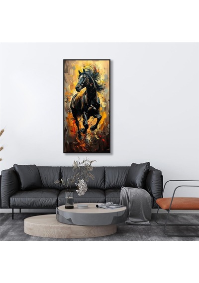Yağlı Boya Dokulu Tablo Koşan Siyah At Siyah Çerçeveli U04038-178952