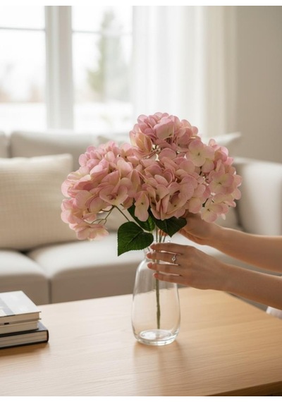 Yapay Çiçek Islak Ortanca Çiçeği Pembe Açık 45cm 5dal Islak Gerçeksi Dokulu Pembe