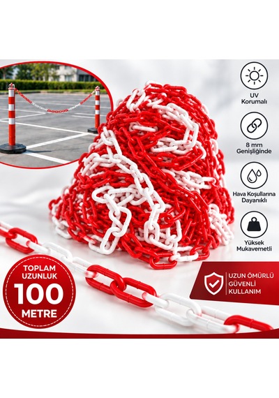 8 Mm Ekonomik İkaz Ürünü Plastik Kırmızı Beyaz 100 Metre Güvenlik Ve Bariyer Zinciri