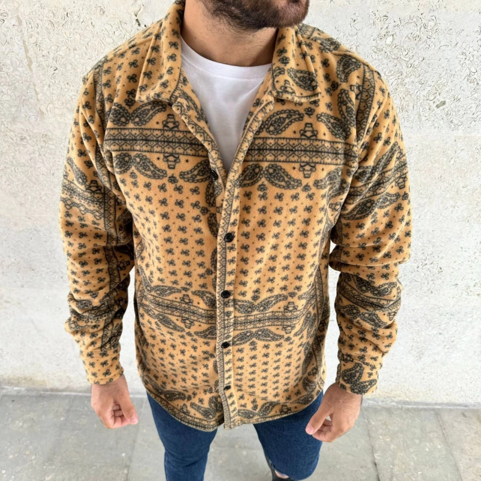 Hazego Erkek Desenli Düğmeli Polar Gömlek Hardal Paisley Desen Yakalı, Uzun Kollu, Oversize Rahat Kalıp - Sarı Sarı