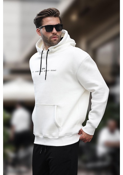 Madmext Ekru Kapüşonlu Nakış Detaylı Cepli Erkek Sweatshirt 7066-ekru Ekru