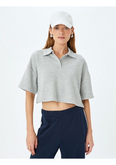 Koton Modal Rahat Kalıp Kısa Kollu Polo Yaka Crop Tişört Gri Melanj 5sak50024ek Gri Melanj