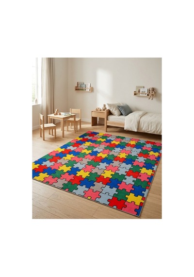 Renkli Puzzle Desenli Çocuk Odası Halısı Kaymaz Taban Eğlenceli Oyun Halısı Çok Renkli