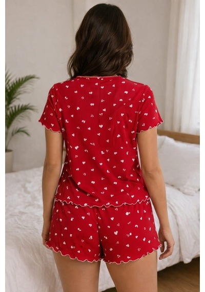 Kadın 01597 Kaşkorse Şortlu Pijama Takımı Kırmızı