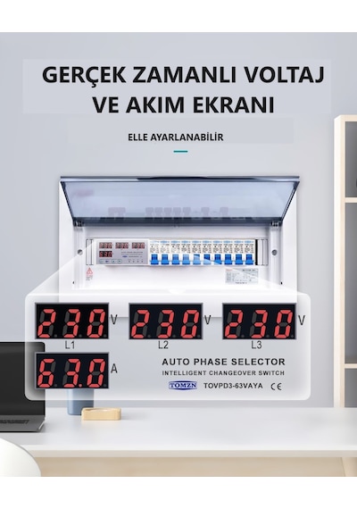 Tomzn 220V 63A Otomatik Faz Seçici Yüksek Alçak Voltaj Akım Koruma Gerilim Koruyucu Röle