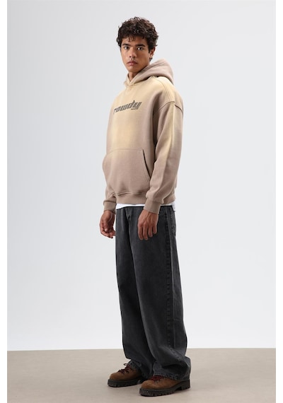 Vamos Oversize Baskılı Yıkamalı Hoodie Vizon