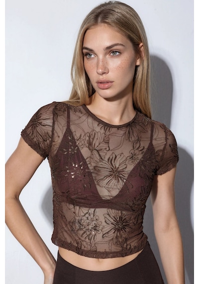 Hiccup Busem Çiçek Desenli Payetli Slim Fit Bluz Kahve Kahvesi