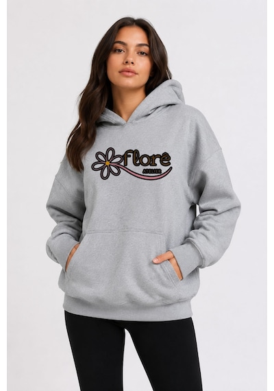 Herkesemoda Flore, Baskılı Kapüşonlu 2 İplik Şardonlu Sweatshirt Gri