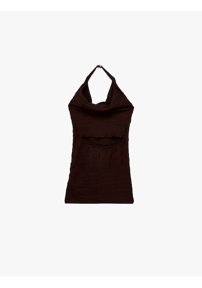 Koton Bürümcük Kumaş Slim Fit Degaje Halter Yaka Bluz Kahverengi 6sal30085ık Kahve