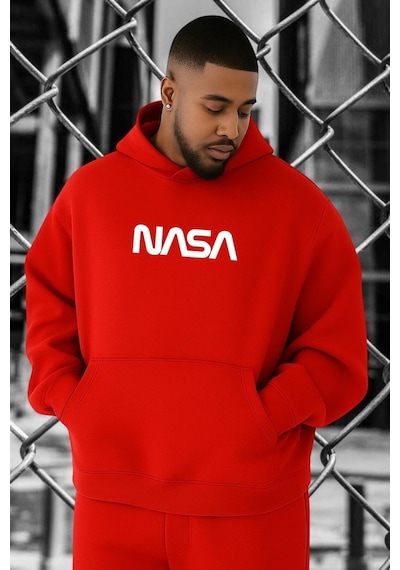 Benroma 3 İplik Penye Nasa Baskılı Büyük Beden Sweatshırt Kırmızı