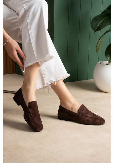 Duxal Shoes Oliver Hakiki Deri Yumuşak Tabanlı Kadın Süet Babet Loafer Acıkahve