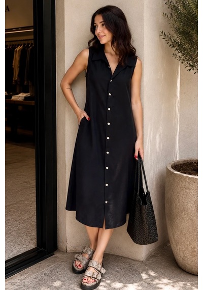 Bb Butik Basic Dokuma Kumaş Kolsuz Düğmeli Gömlek Elbise Cepli Midi Yazlık Elbise My3535 Siyah Bb Butik Basic Dokuma Kumaş Kolsuz Düğmeli Gömlek Elbise Cepli Midi Yazlık Elbise My3535 Siyah