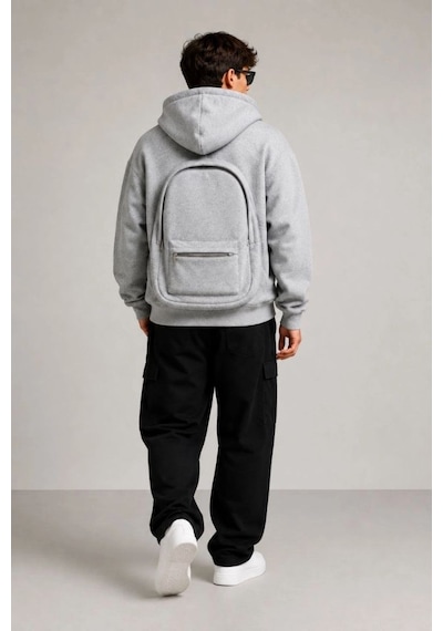 Erkek 3 İplik Şardonlu Tam Fermuarlı Kapüşonlu Arka Çanta Detaylı Sweatshirt - Gri