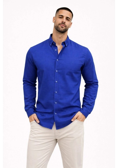 Wear Vexel Erkek Keten Kumaş Uzun Kollu Regular Fit Gömlek - Saks Mavisi Çok Renkli