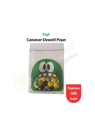 500 Adet Yeşil Canavar Desenli Cake Pop & Kurabiye Poşeti-10x15 Cm