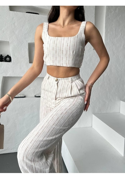 Eke Tekstil Camel Çizgili Crop Pantolon Keten Takım-camel Camel