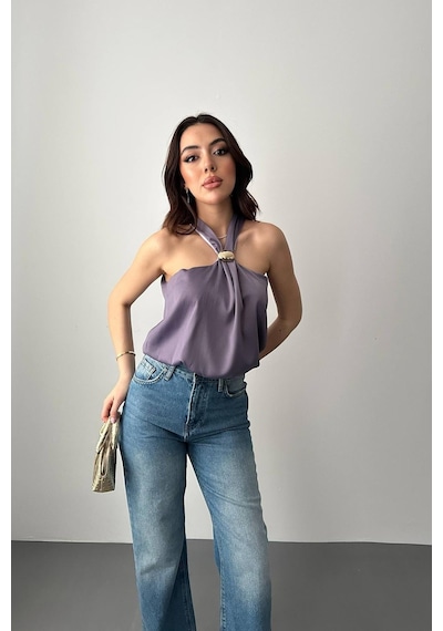 Duygudan Lila Toka Detaylı Bluz - Lila Çok Renkli